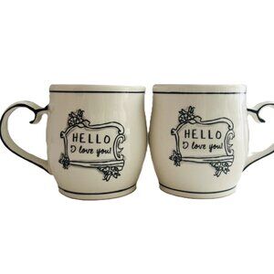 2 Anthropologie Katie Mandy “Hello I Love You” Red and White Ceramic Mug